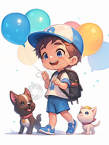 棒球帽手拿彩色气球的卡通小男孩与宠物猫一起走路图片