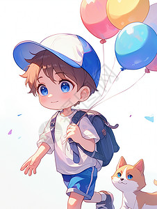 手拿彩色气球的卡通小男孩与宠物猫一起走路图片