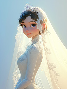 长长白色头纱大眼睛漂亮的卡通新娘图片