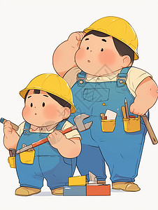 身穿蓝色背带裤戴着黄色安全帽的两个胖胖的卡通工人图片