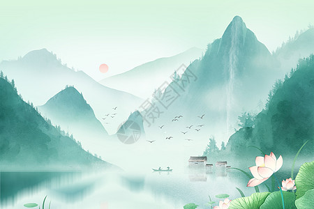 夏天古风水墨山水画幽静意境插画背景图片