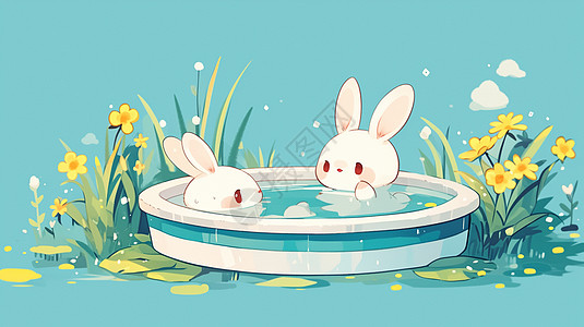 可爱的卡通小白兔在蓝色清澈的水中泡澡图片