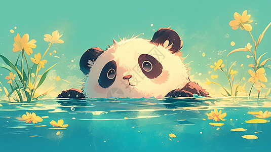安静的在河塘中游泳的卡通大熊猫图片
