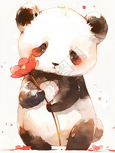拿着一朵红色小花的水彩风卡通熊猫图片