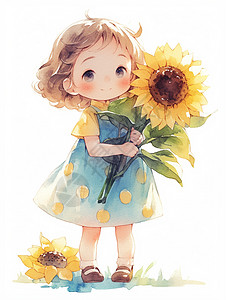 穿连衣裙抱着向日葵花朵的可爱卡通小女孩图片