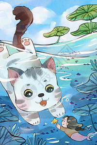 手绘水彩小暑之大猫咪入湖水与美人鱼顶治愈插画图片