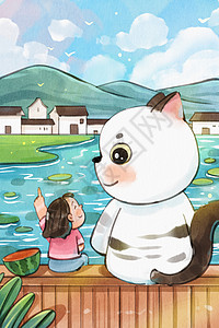 手绘水彩夏至之猫与女孩在看风景可爱治愈竖图插画图片