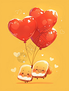 红色爱心气球的可爱卡通面包片图片