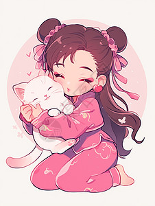穿粉色古风服装抱着宠物猫的卡通小女孩图片