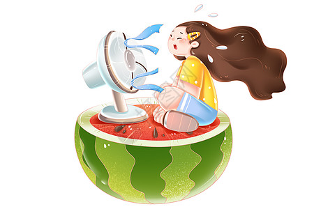 卡通夏季高温天吹风扇女孩形象图片