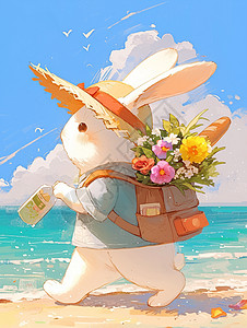 戴着草帽背着书包在海边走路的卡通小白兔图片