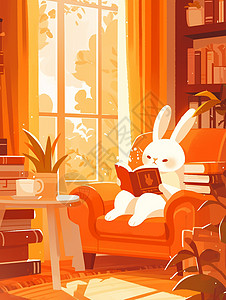 午后坐书房沙发上看书的卡通小白兔图片