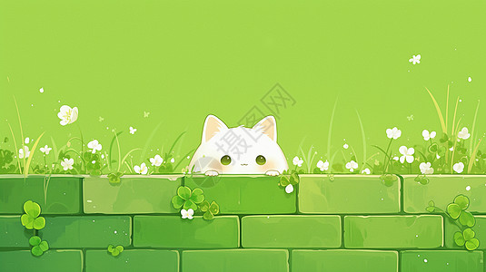 趴在绿色墙头一只可爱卡通小白猫图片