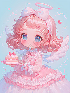 身穿粉色公主裙端着蛋糕的可爱卡通小公主图片