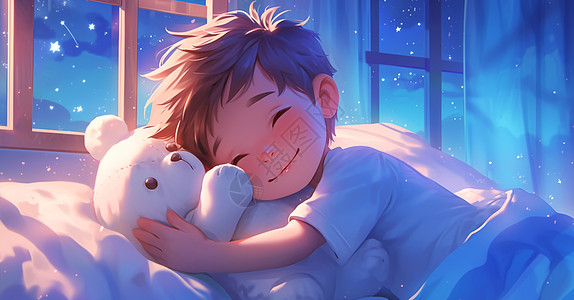 夜晚在被窝里抱着小熊玩偶睡觉的卡通小男孩图片