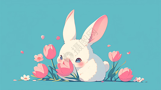 粉色花朵从中一只可爱的卡通小白兔图片