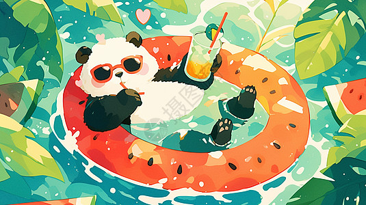 清爽夏日躺在游泳圈上喝饮料吃西瓜的卡通大熊猫图片