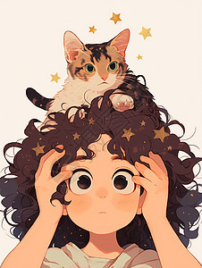 卷发可爱的卡通小女孩头上趴着一只可爱的卡通小花猫图片