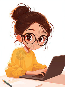 穿黄色上衣戴黑框眼镜在电脑前忙碌的卡通女孩图片