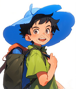 戴着蓝色帽子身穿绿色T恤背着书包的卡通男孩图片