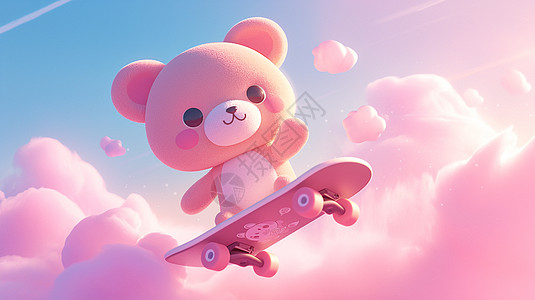 云朵间玩滑板的可爱卡通小熊图片