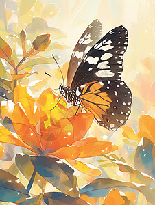 一朵美丽的盛开的橙色花朵上落着一只卡通花蝴蝶图片