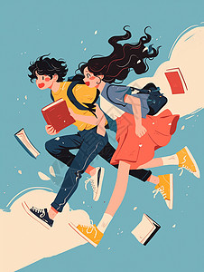 背着书包一起奔跑上学的卡通男学生女学生图片