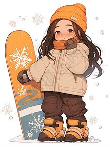 头上戴着橙色帽子穿着厚厚的滑雪服拿着滑雪板的时尚卡通女孩图片