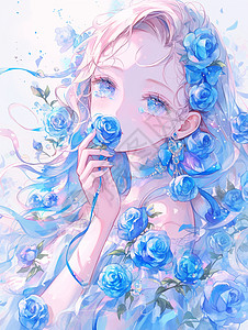 满身都是蓝色玫瑰长发唯美的卡通女孩图片