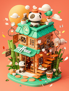 双层熊猫主题立体可爱的卡通咖啡店图片