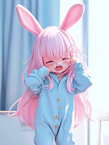 穿睡衣的戴兔耳朵发卡的可爱卡通小女孩图片