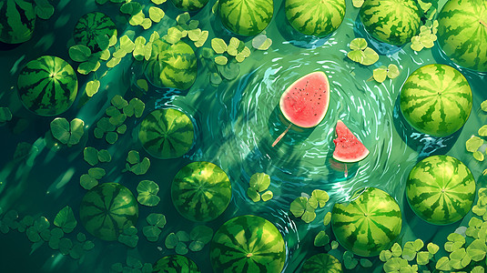 夏天泡在水中的卡通西瓜图片