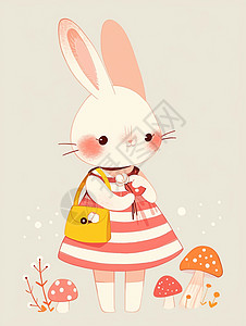 穿红白条纹背着黄色小包的可爱卡通小白兔图片