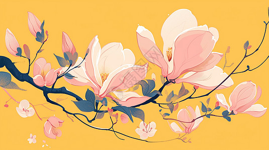 黄色背景上粉色漂亮的卡通玉兰花图片