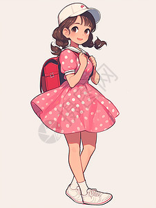 身穿波点连衣裙背着粉色书包乖巧可爱的卡通小女孩图片