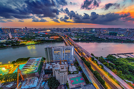 风景  高清大图杭州夕阳下的建筑与大桥背景