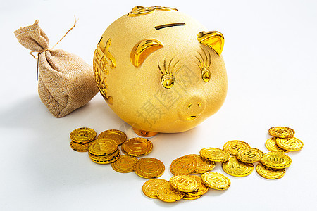 金融储蓄金猪存钱罐和一袋金币图片