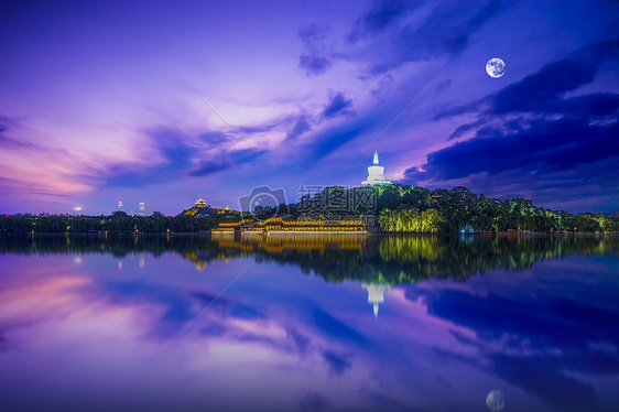 城市圆月湖面夜景背景图片