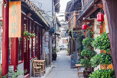 上海枫泾古镇竹椅竹桌朱家角休闲街景背景