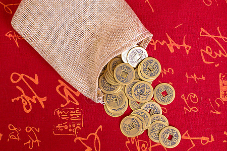 中国风铜钱麻袋中国风清代铜钱拍摄背景
