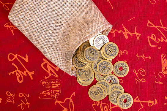 麻袋中国风清代铜钱拍摄图片