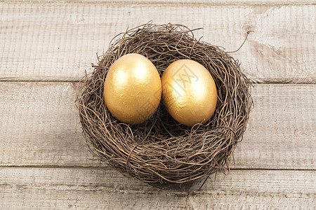 复活节金融木底板上的鸟窝和金蛋背景