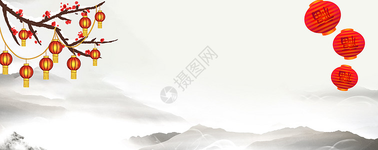 榆树梅中国风梅灯笼背景设计图片