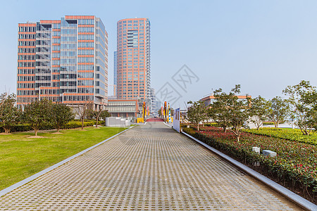 城市建筑两旁绿化草地道路背景