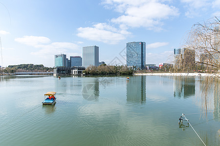 城市公园湖中划船倒影背景