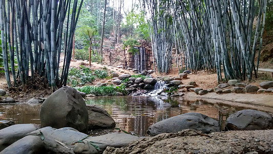 竹林流水瀑布岩石高清图片素材