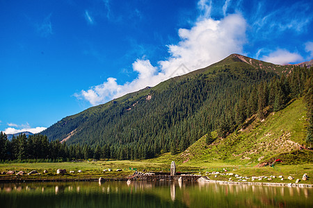 国外美景 高山湖面草原 风车图片