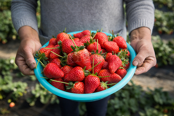 农夫端着一盆红色草莓图片