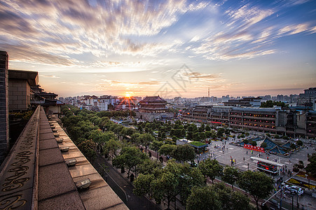 城市蓝天鼓楼落日背景