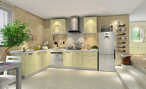 厨房3D效果图黄色橱柜效果图背景